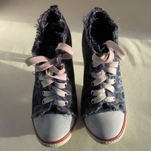 Blue Denim Canvas High Heeled Tennis Shoes Size 36 US Size 6 - Picture 1 of 11